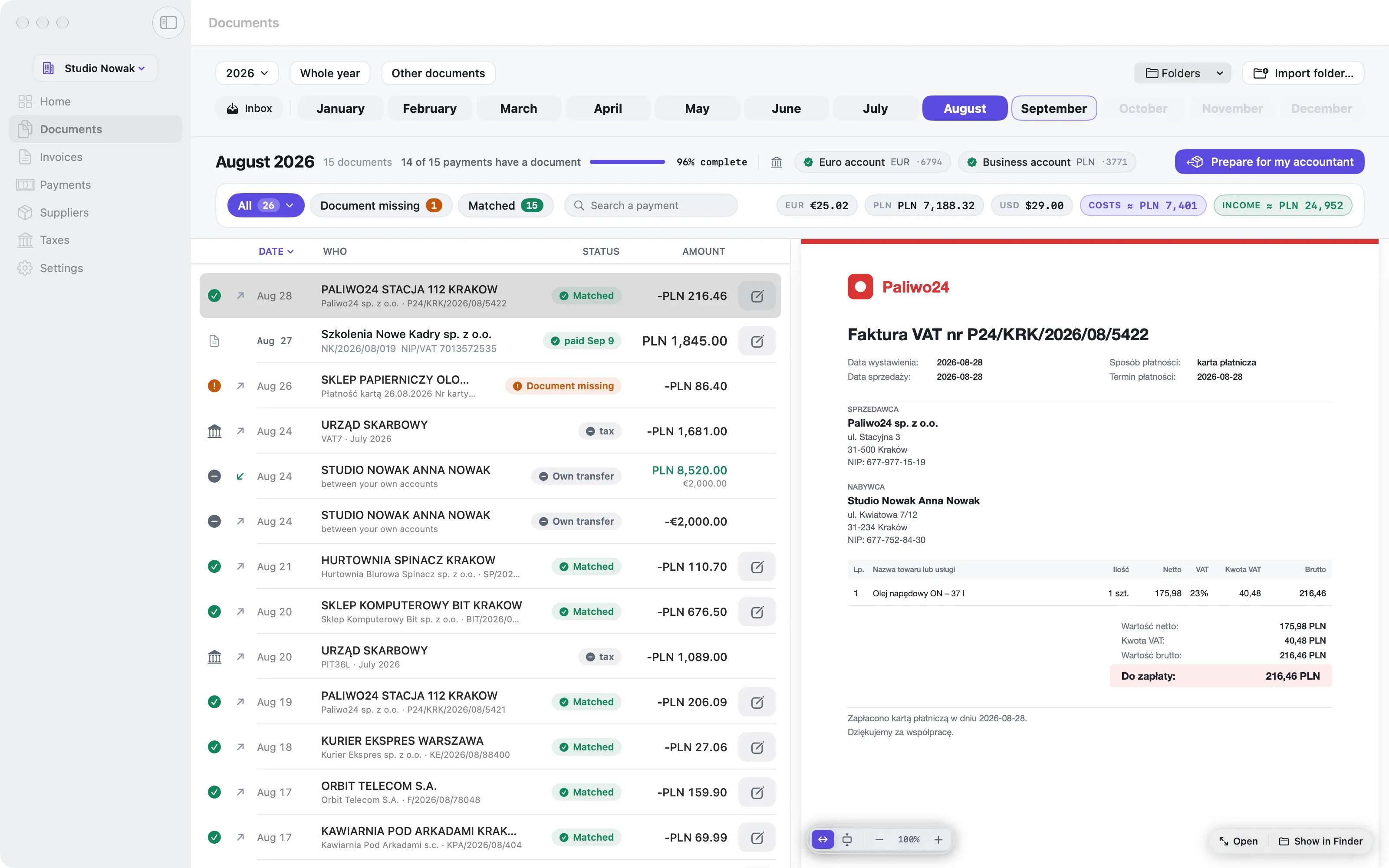 Місяць у Komplet: кожен платіж поруч із документом, що його пояснює, і попередній перегляд рахунку.