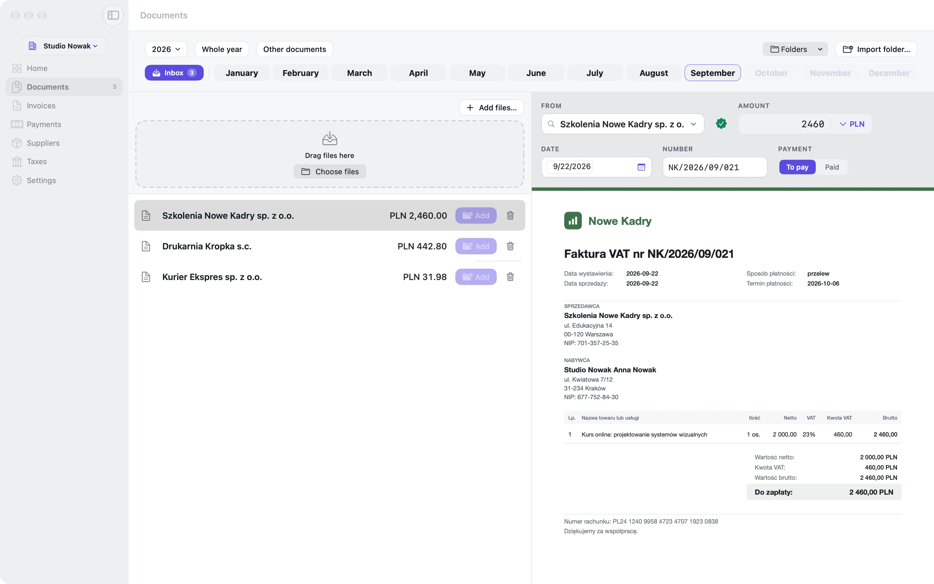 Inbox у Komplet: рахунок, з якого прочитано продавця, NIP, номер, дату й суму, готовий до збереження.
